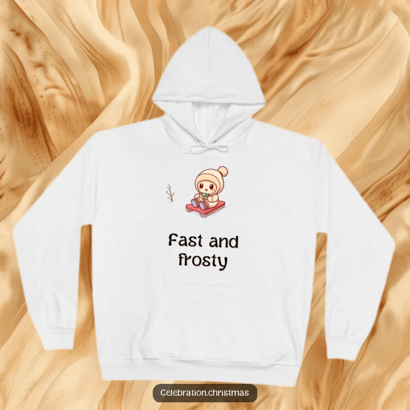 Funny kawaii character having a blast while sledding down a snowy hill, featured on a warm and humorous hoodie.