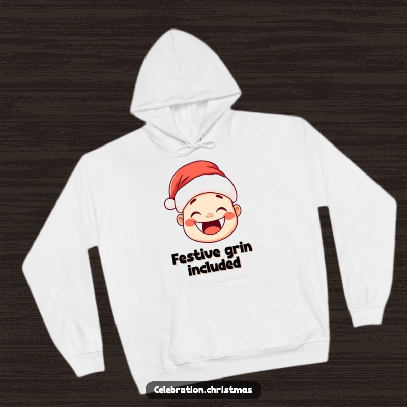 Funny Kawaii Santa Hat Hoodie: A cute Santa hat character with a huge, joyful grin and rosy cheeks.