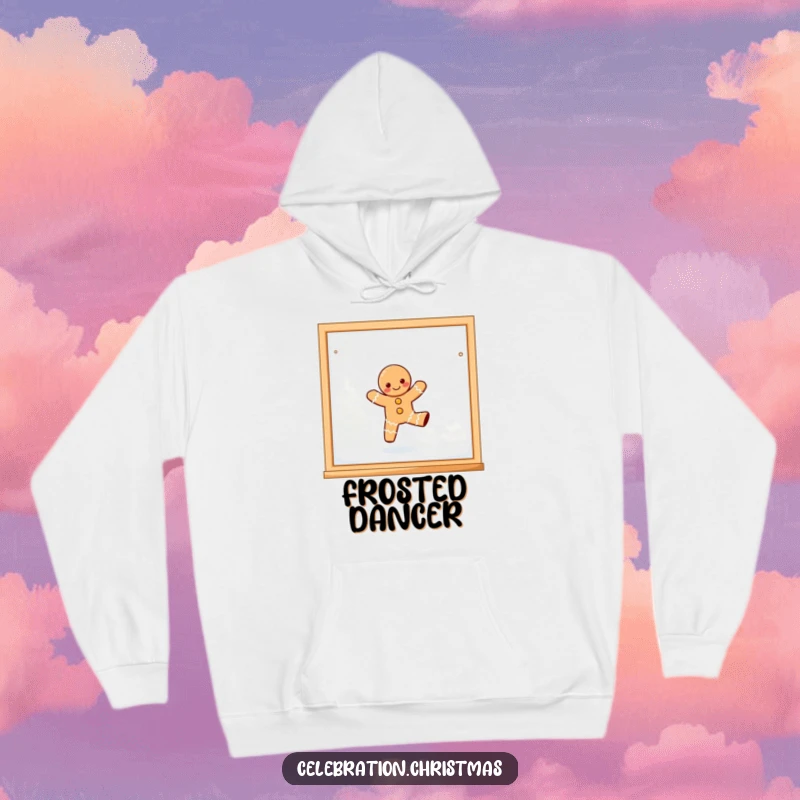 Funny, joyful kawaii gingerbread person playfully dancing on a frosted window pane on a cozy hoodie.