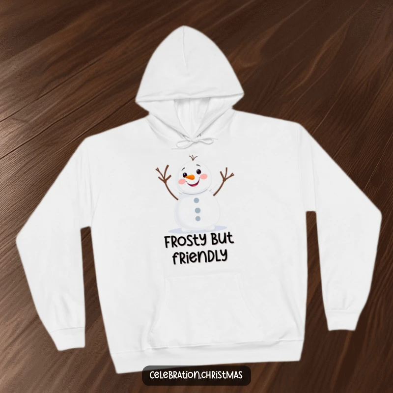Funny snowman hoodie featuring a happy, waving character, offering warmth and humor for all your winter adventures.