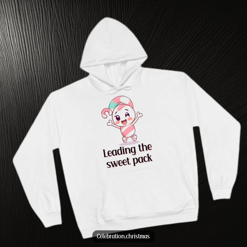 Funny Candy Cane Hoodie: A sweet candy cane character excitedly leading the way, perfect for staying warm.