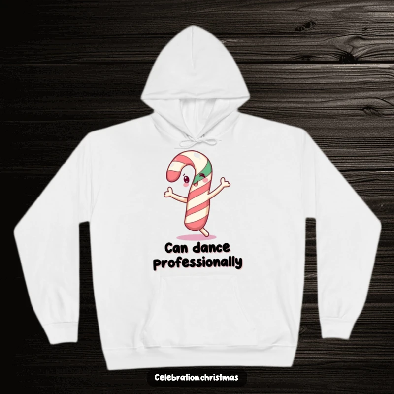 Funny cheerful candy cane hoodie doing a little dance, perfect for winter and as a funny gift.
