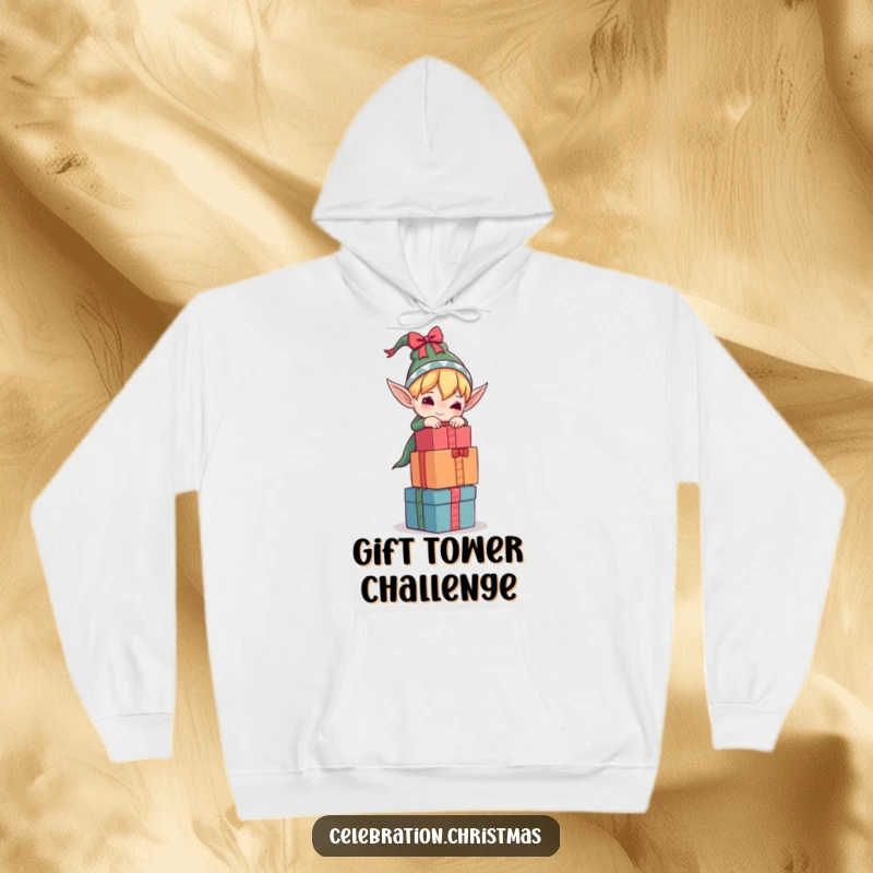 Funny elf hoodie featuring a character trying to balance a tall stack of gifts, a cozy and humorous addition to any winter wardrobe.