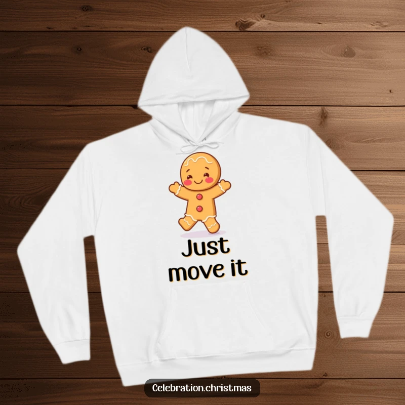 Funny gingerbread man hoodie featuring a character doing a joyful jig, perfect for cozying up during the holidays with a laugh.