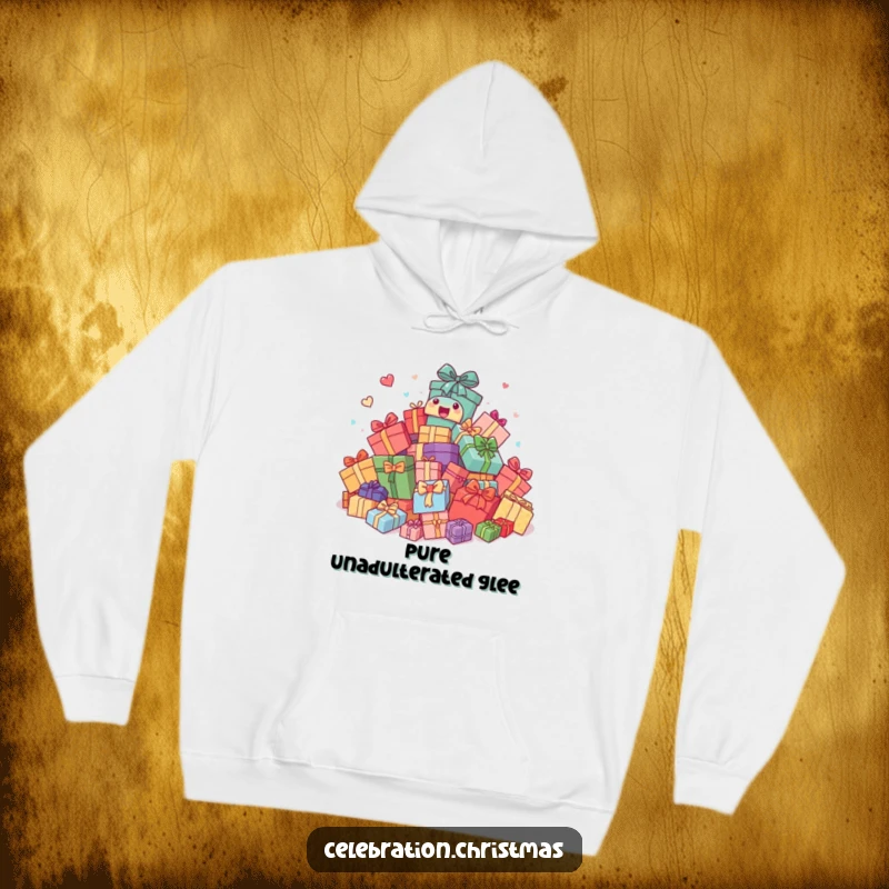 Funny Hoodie: Group of presents comically bouncing around excitedly, symbolizing festive joy and a playful, energetic spirit.