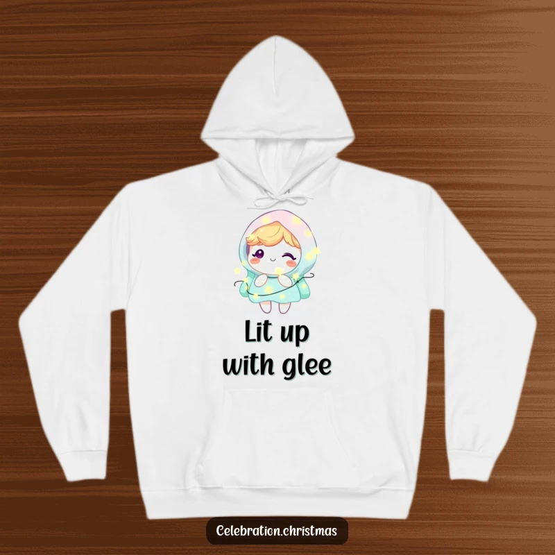 Funny Kawaii Character Hoodie: A cute character looks incredibly happy, enveloped in the warm, twinkling glow of festive fairy lights.