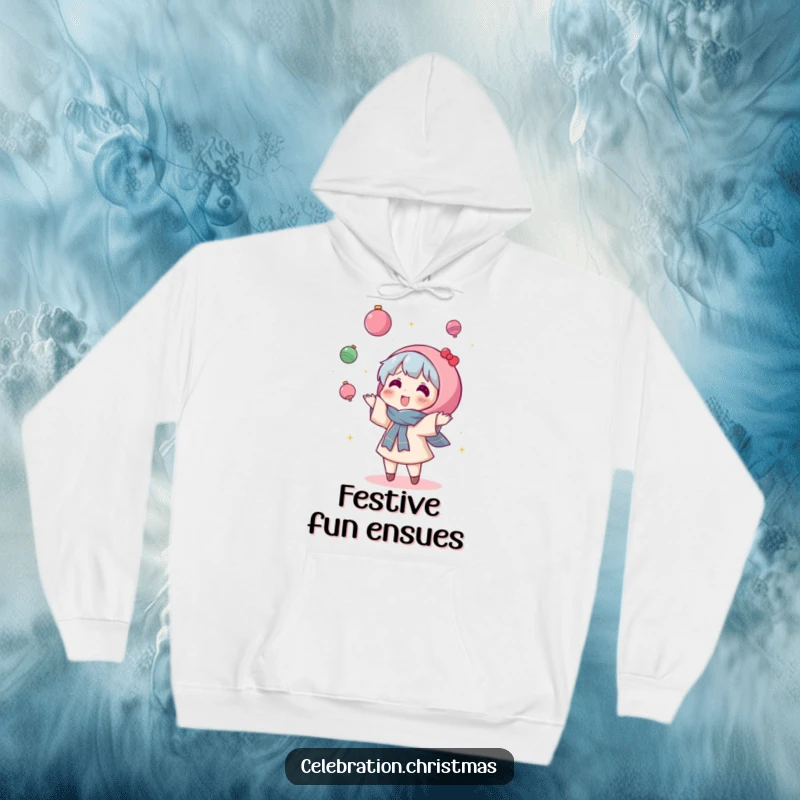 Funny Kawaii Character Hoodie: A cute character gleefully launches sparkly ornaments with unrestrained holiday joy, perfect for cozy fun.