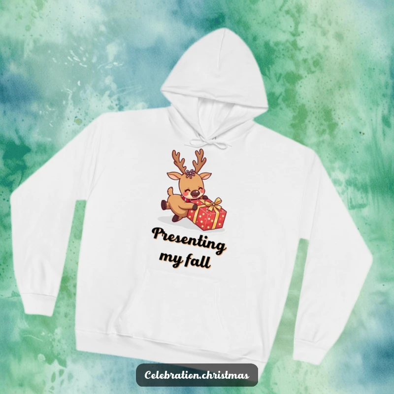 Funny reindeer hoodie featuring a comical character tripping over a wrapped present, a cozy and humorous addition to any winter wardrobe.