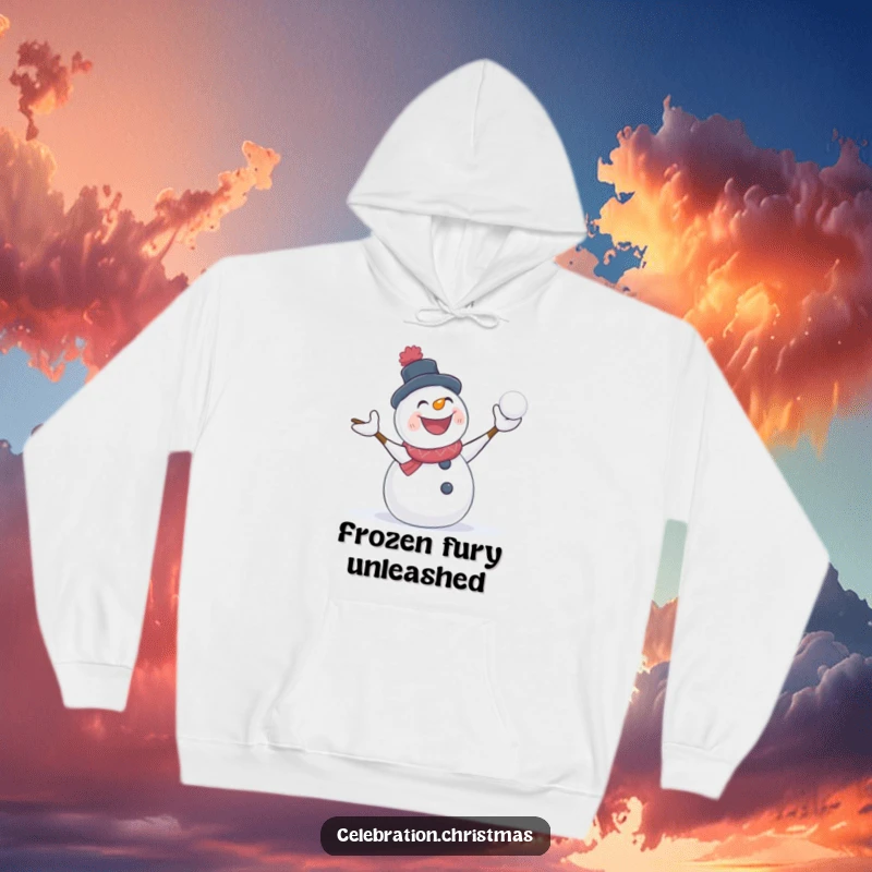 Funny snowman hoodie featuring a character in a happy snowball fight, a cozy and humorous addition to any winter wardrobe.