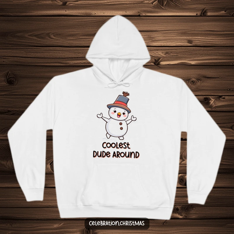 Funny Snowman Hoodie with a tilted hat, depicted waddling with pure delight, perfect for cozy, humorous wear.