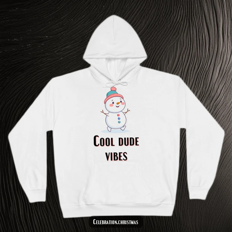 Funny hoodie featuring a snowman character with a tilted hat, waddling happily, perfect for cozy winter days.