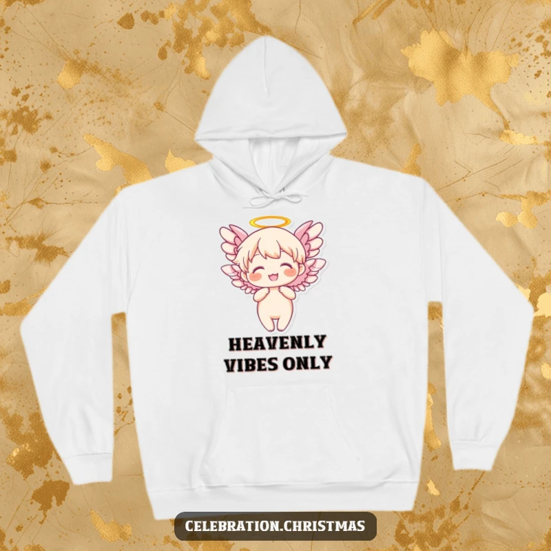 Funny Angel Hoodie featuring a character with wings flapping joyfully, offering warmth and celestial humor.