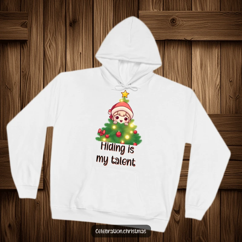 Funny kawaii character peeking from behind a vibrant, glowing Christmas tree, printed on a warm and cozy hoodie.