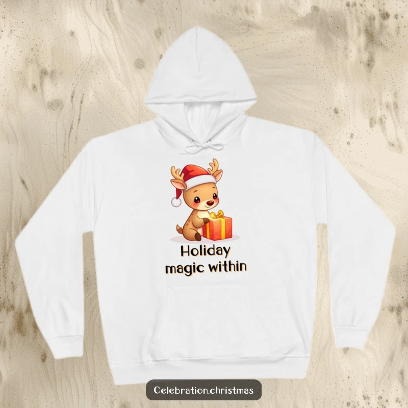 Funny hooded sweatshirt featuring a cute deer wearing a Santa hat, happily opening a luminous gift, perfect for cozy holiday wear.