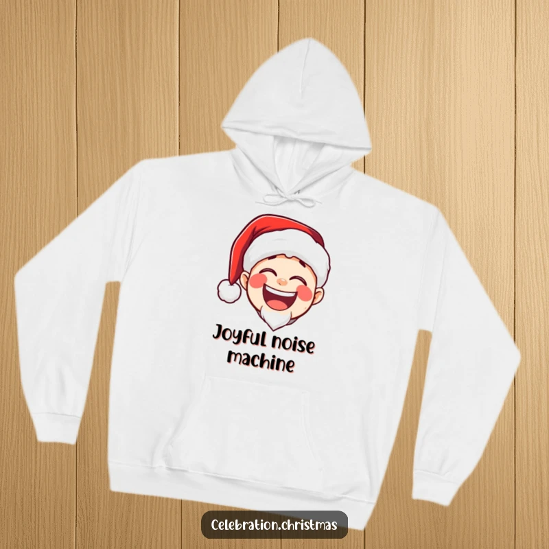 Funny hoodie of a Santa hat character with a large, booming, joyful laugh, perfect for staying warm and spreading holiday happiness.