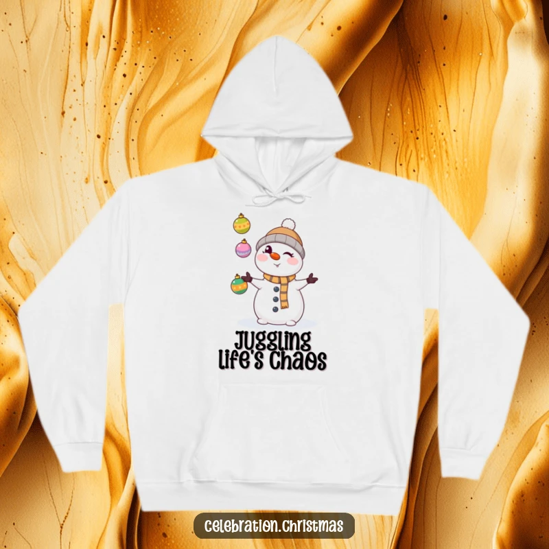Funny kawaii snowman winking mischievously, juggling colorful Christmas ornaments on a cozy hoodie, perfect for winter.