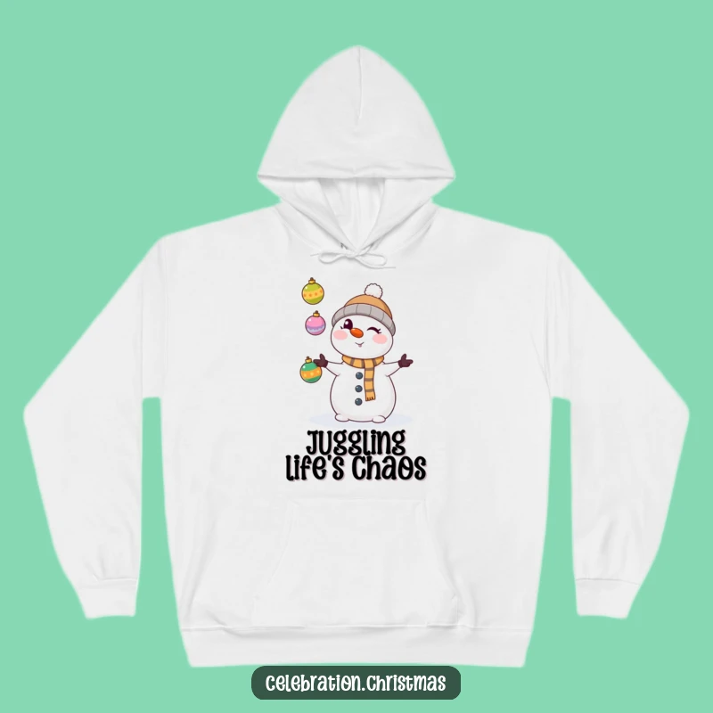 Cozy Funny Kawaii Snowman Juggling Ornaments Hoodie - Warm Winter Wear