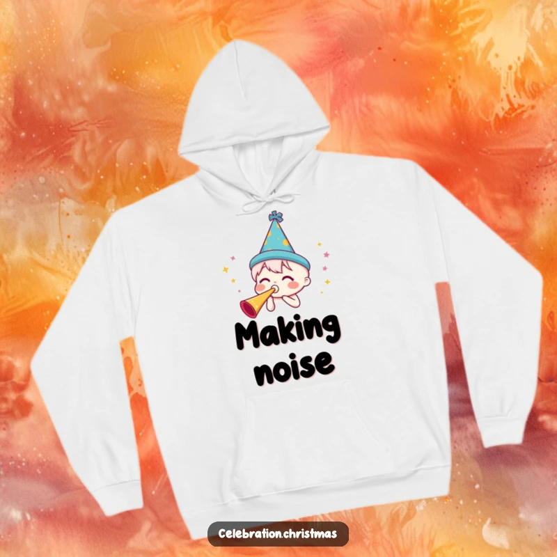 Funny festive hoodie with a character blowing a party horn, designed for maximum comfort and celebratory cheer during cooler weather.