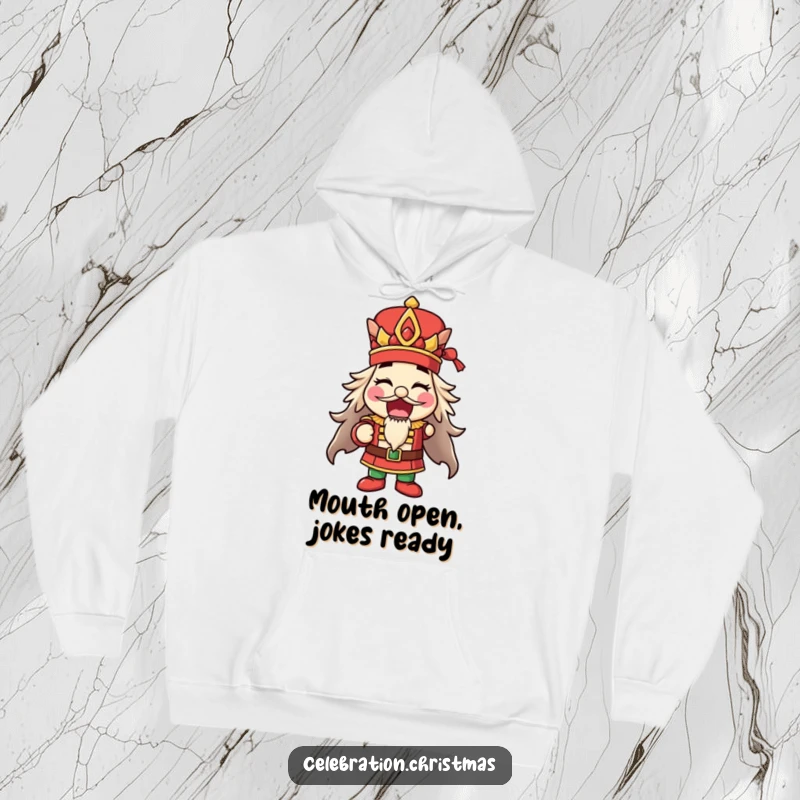 Funny happy nutcracker hoodie striking a pose with mouth open, perfect for winter and as a funny gift.