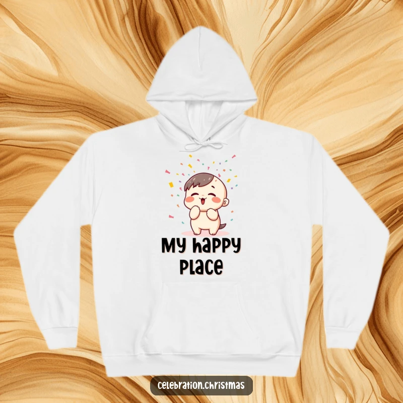Funny kawaii character blowing a gust of colorful confetti into the air, featured on a warm and humorous hoodie.