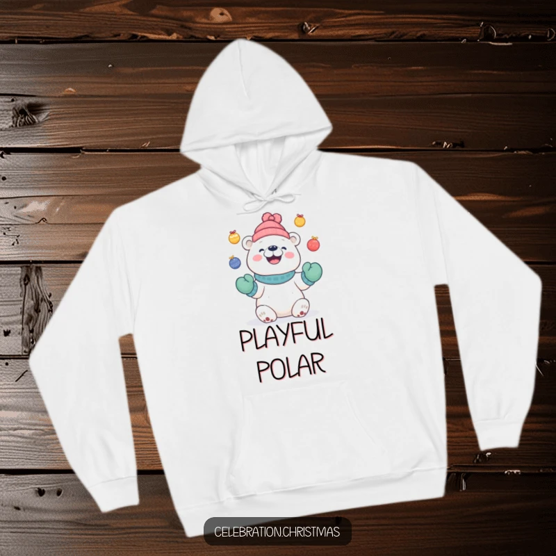 Funny Cute polar bear hoodie wearing mittens, juggling festive baubles with a happy grin, perfect for winter.