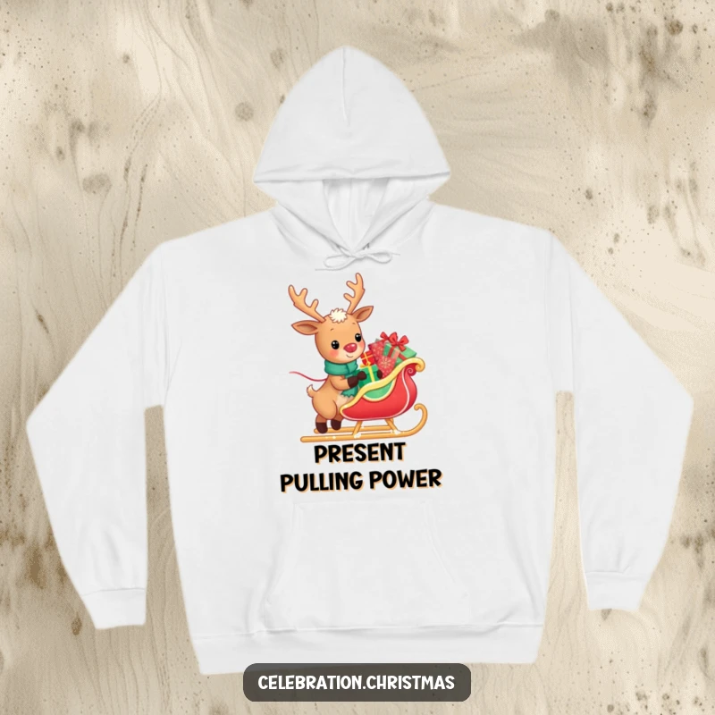 Funny hoodie depicting a kawaii reindeer happily pulling a sleigh full of glistening presents, radiating warmth and holiday spirit.