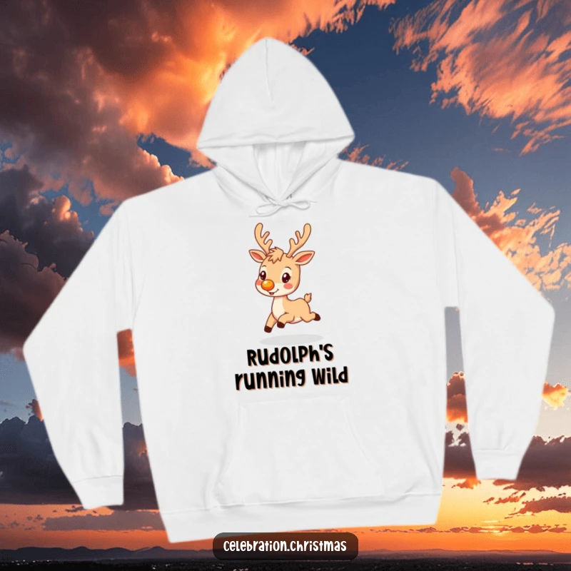 Funny cozy hoodie featuring a reindeer with a glowing nose, prancing joyfully, perfect for winter holidays.