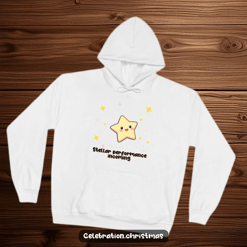 Funny hoodie designed with a twinkling star character doing a celebratory dive, symbolizing joy and achievement.