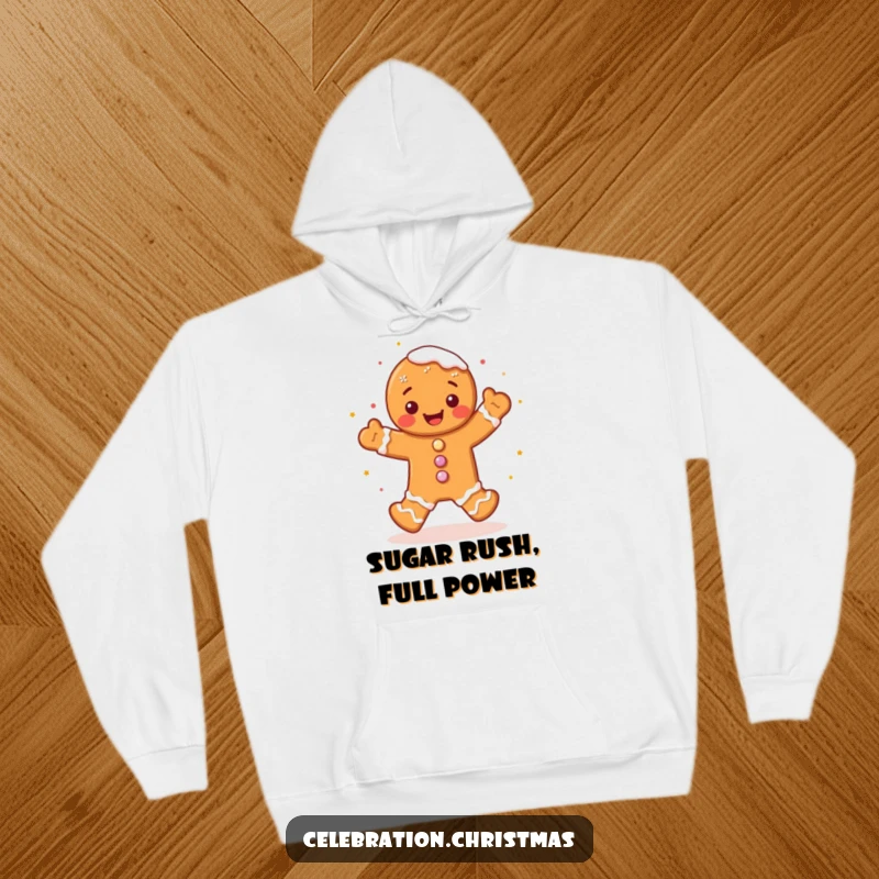 Funny gingerbread man hoodie, a cute character dancing a joyful jig with frosting sprinkles, perfect for cozying up and laughing.