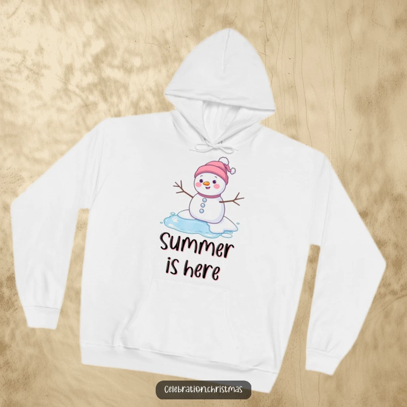 Funny melting snowman hoodie featuring a happy character dissolving into a puddle, offering warmth and dark humor for winter days.
