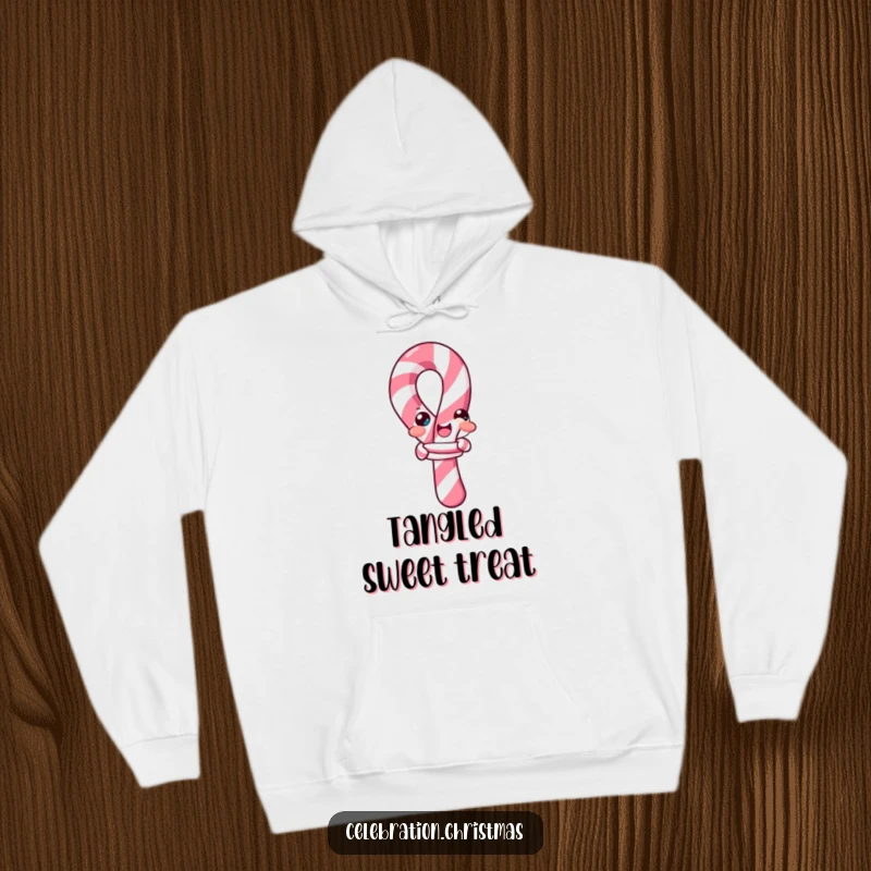 Funny candy cane hoodie, showing a cheerful candy cane comically trying to tie itself into a knot, perfect for cozy warmth.