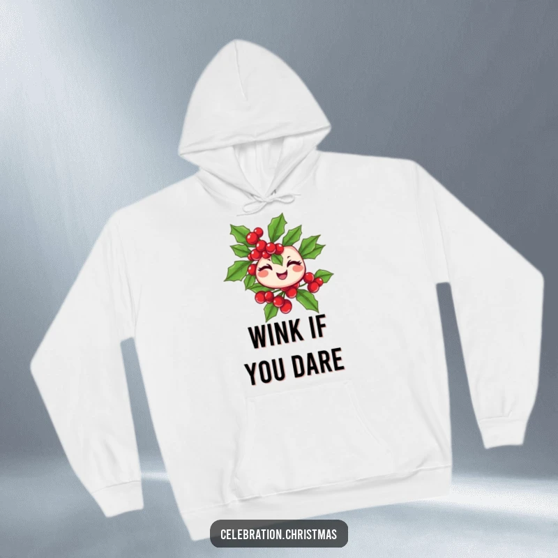 Funny winking holly branch hoodie with cheerful berries, perfect for winter comfort and a great funny gift.