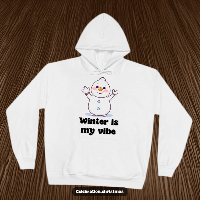 Funny hooded sweatshirt featuring a snowman with a carrot nose waving enthusiastically, offering warmth and holiday cheer.