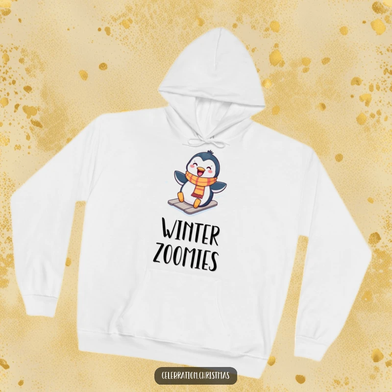 Funny Kawaii penguin hoodie showing a cute penguin in a scarf sliding down a snowy hill, perfect for warmth.