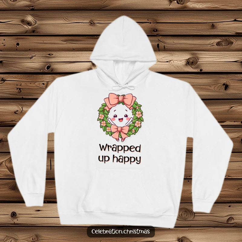 Funny Wreath Hoodie with a big, cheerful bow, depicted twirling joyfully for cozy, festive humor.