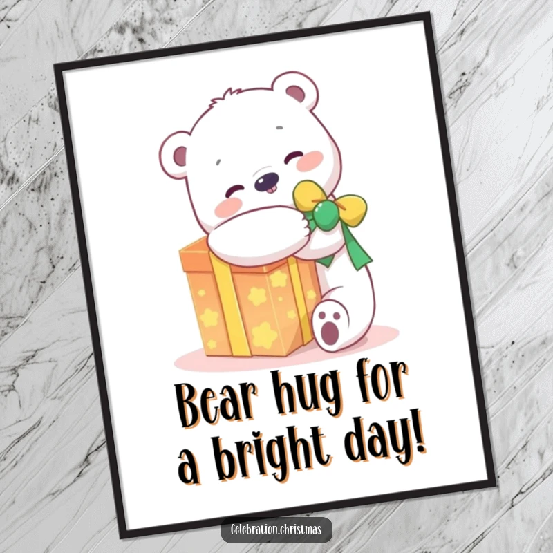 Funny Free Printable Wall Art: a kawaii polar bear joyfully hugs a giant glowing present, radiating happiness.