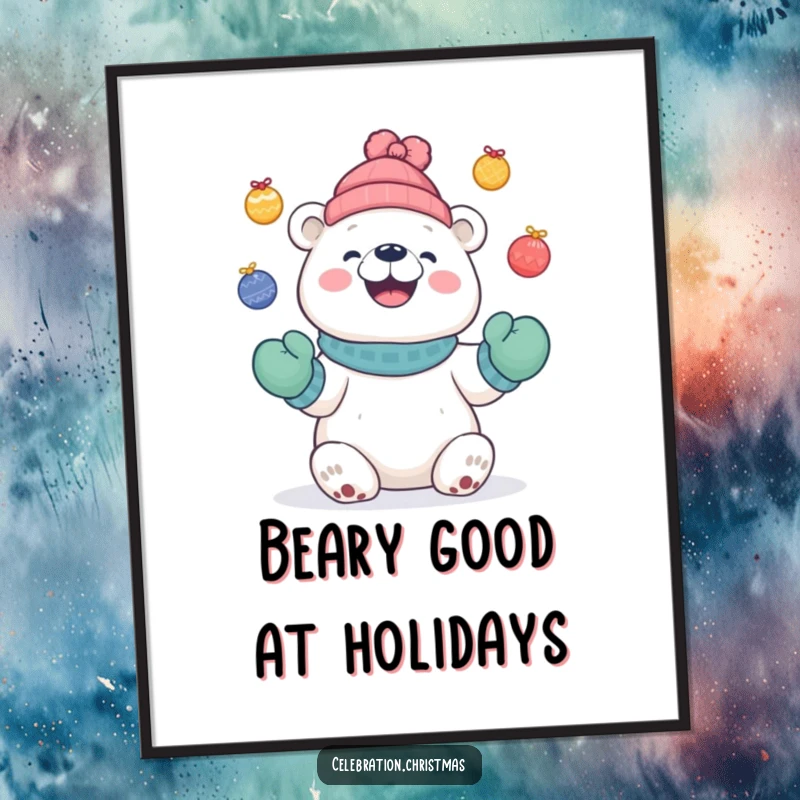 Funny Free Printable Wall Art: Cute polar bear wearing mittens, skillfully juggling colorful baubles with a wide delighted grin.