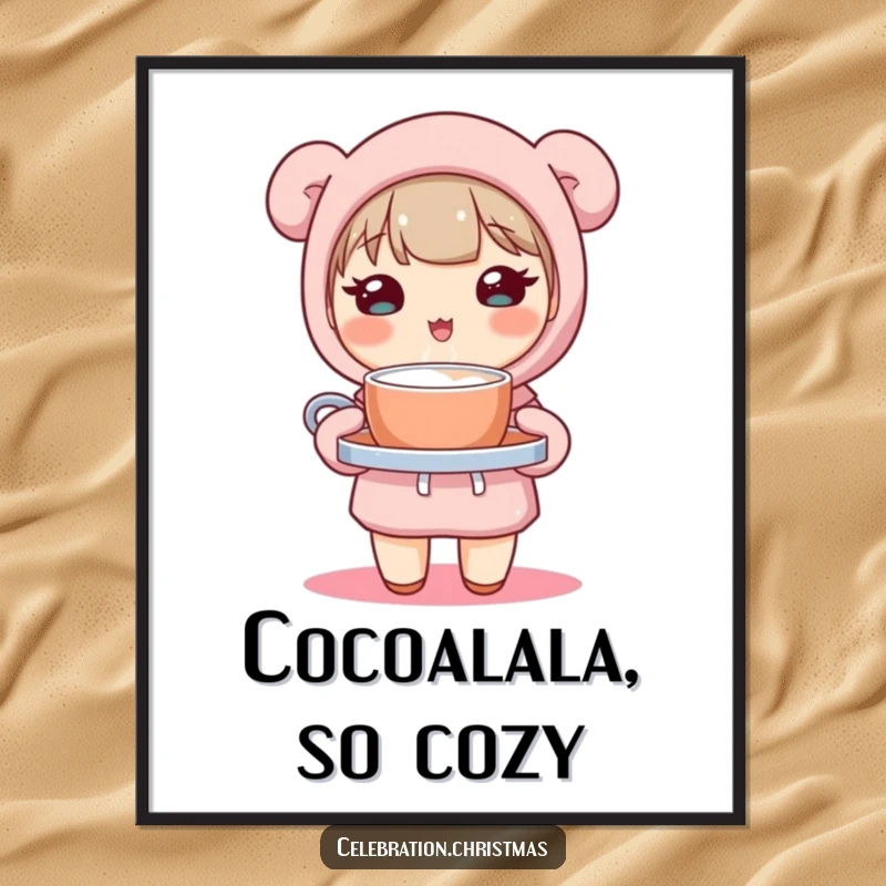 Free Printable Kawaii Cocoa Wall Art: Cute character smiling, holding a tray of steaming hot cocoa, adding charm.