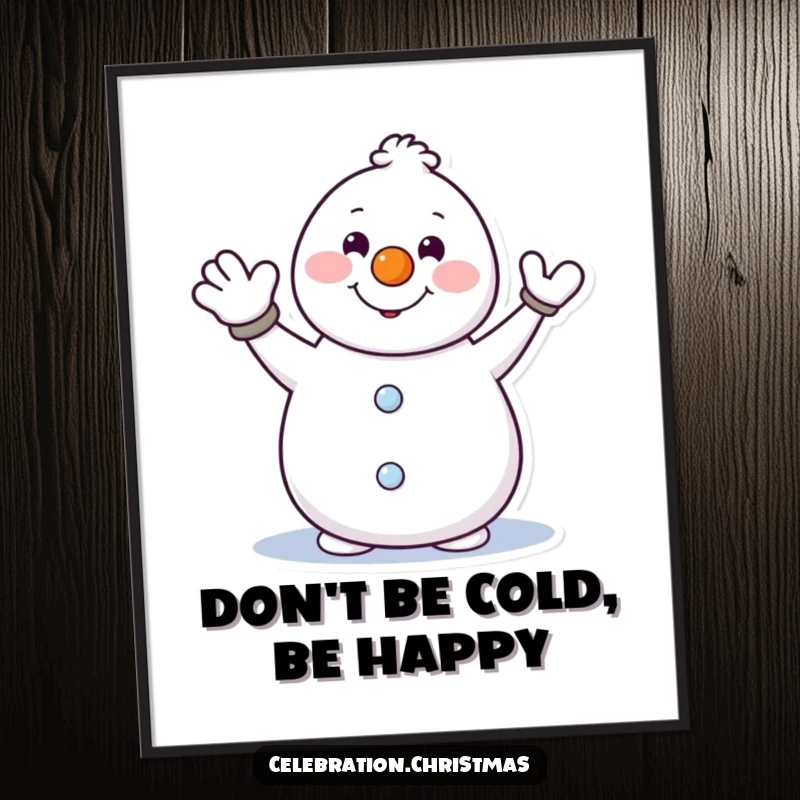Funny Free Printable Wall Art: Enthusiastic snowman with a carrot nose waving hello, bringing joy to any downloadable art collection.