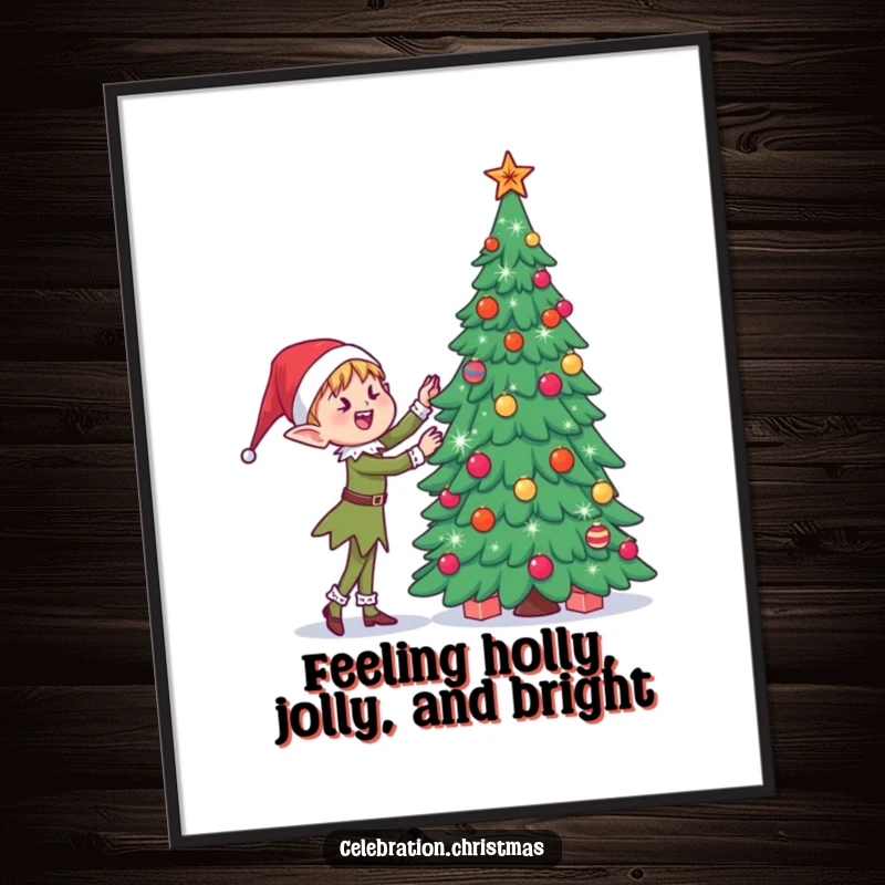 Funny Free Printable Wall Art: A kawaii elf joyfully decorating a towering, sparkly Christmas tree with festive spirit.