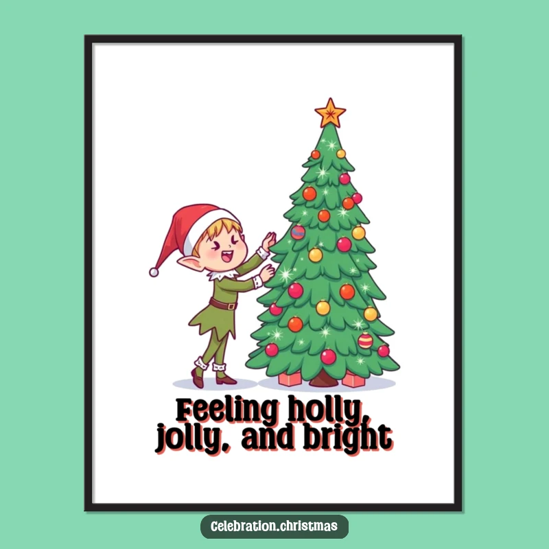 Funny Free Printable Wall Art: Joyful Elf Decorating Tree - Whimsical Downloadable Art