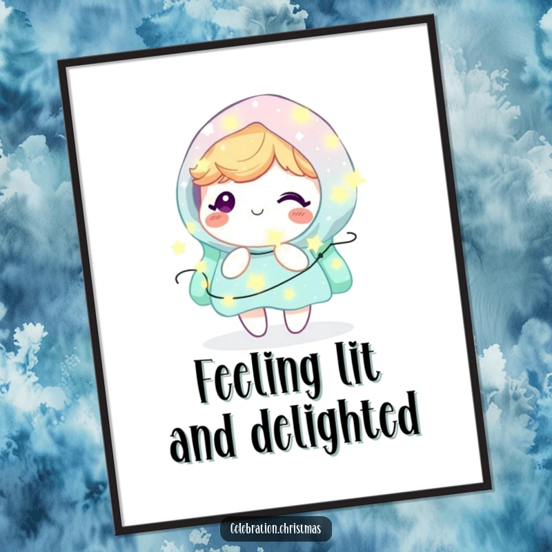Funny Free Printable Wall Art: Adorable kawaii character delightedly wrapped in twinkling fairy lights, radiating pure joy.