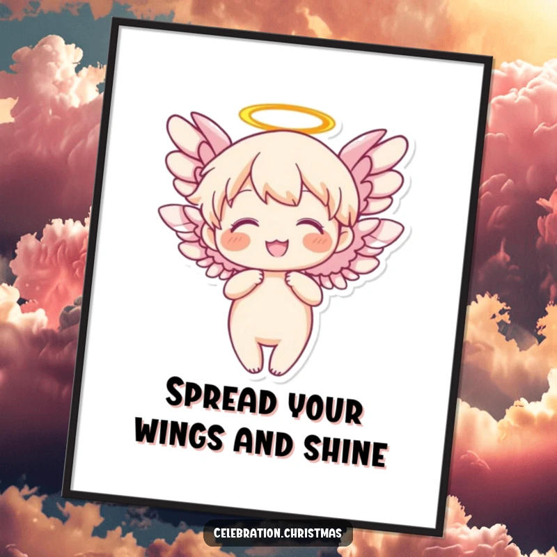 Free Printable Wall Art: An angel character captured mid-flight with joyful, flapping wings.