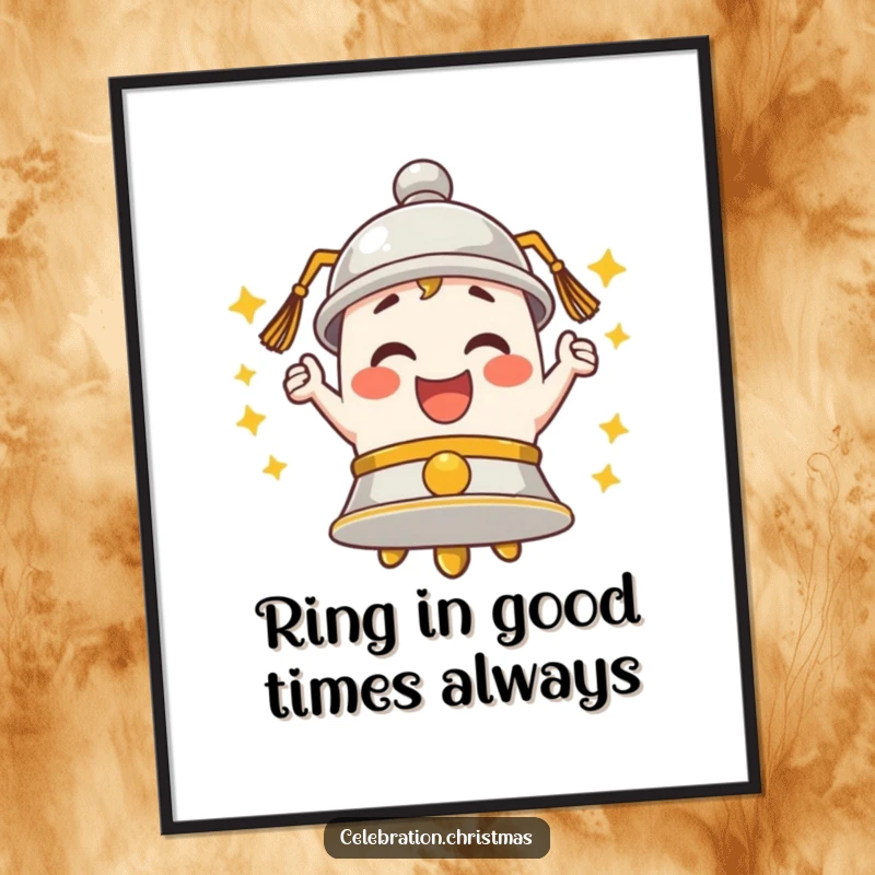 Funny Free Printable Wall Art: A bell character ringing energetically, embodying enthusiastic merriment.