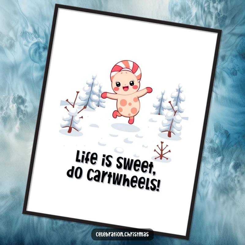 Funny Free Printable Wall Art: a kawaii candy cane performs a cartwheel in a snowy landscape, full of fun.