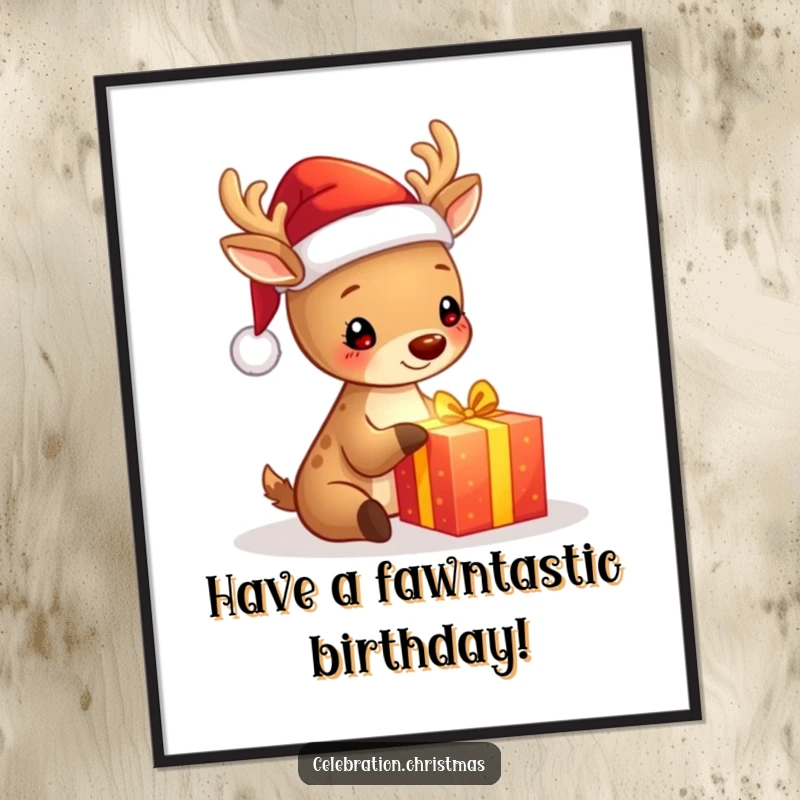Free Printable Deer Wall Art: A cute deer wearing a Santa hat joyously unwraps a radiant, glowing present.