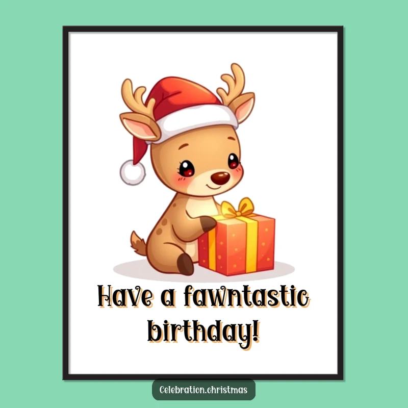 Free Printable Deer Christmas Wall Art: Santa Deer Opening Gift Downloadable Art