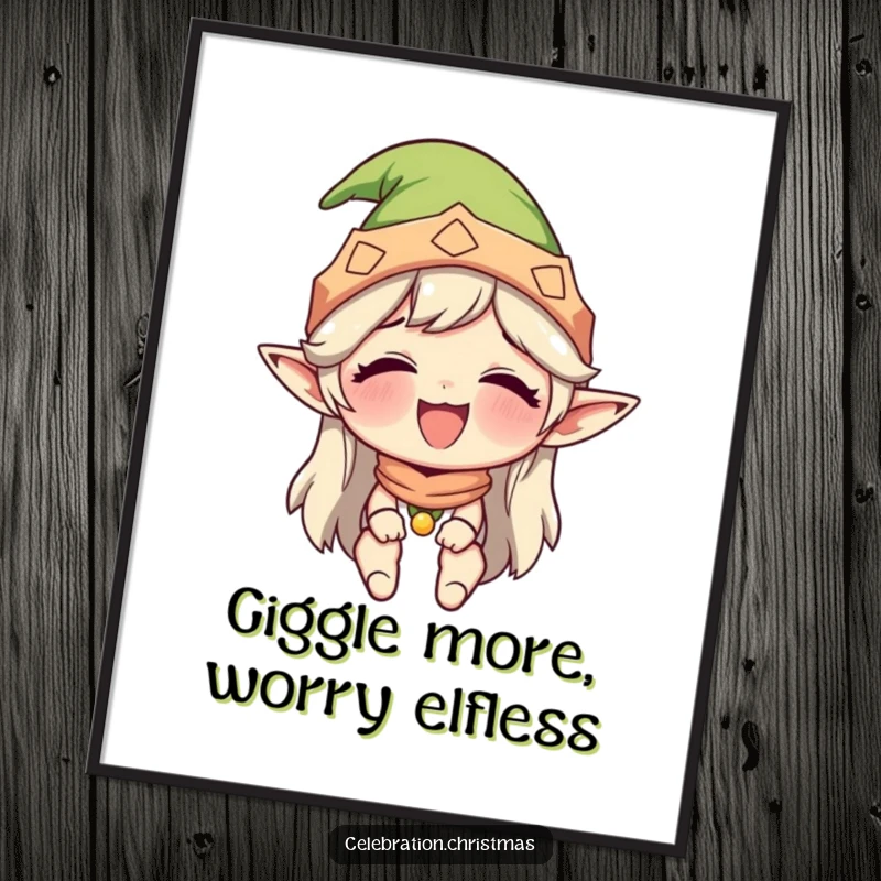 Funny Free Printable Elf Wall Art: An elf wearing a hat is captured in a moment of pure, uncontrollable giggling.