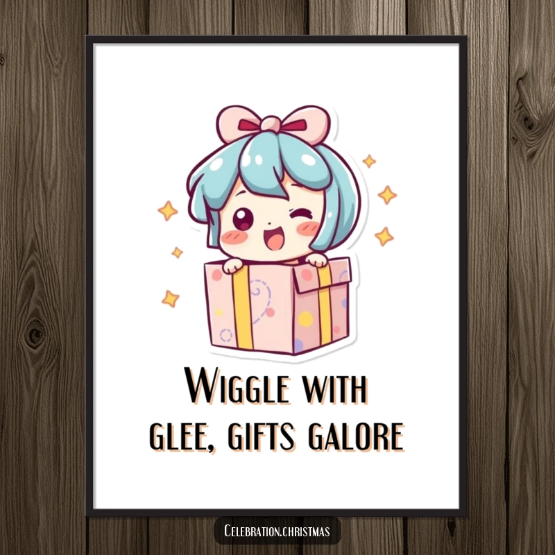 Funny Free Printable Wall Art: A present character bursting open slightly, caught in an excited, happy wiggle.