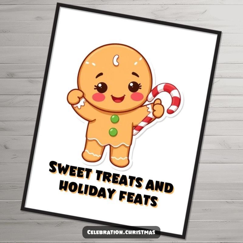 Funny Free Printable Wall Art featuring a cheerful gingerbread cookie character joyfully waving a festive candy cane.